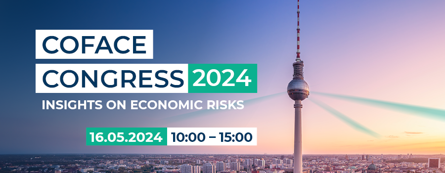 Coface Congress 2024: "Insights on economic risks" on May 16 2024 from 10am to 3pm, with a picture of Berlin
