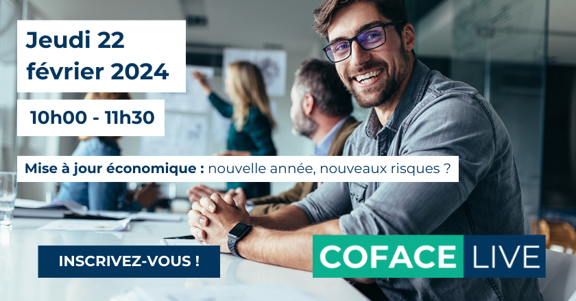 Coface Live en allemand : Mise à jour économique - nouvelle année, nouveaux risques ? Le jeudi 22 février 2024, de 10h00 à 11h30. Inscrivez-vous !